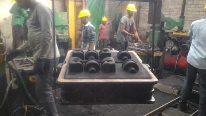 Mould boxes on the production line at the MBM foundry